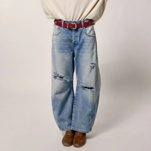 Free People Good Luck Mid-Rise Barrel Jeans in Barnyard Blue - Picture 1 of 13